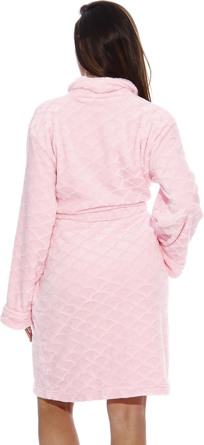 Women's Plush Fleece Bathrobe, Shawl Collar Jacquard Robe with Tie Belt