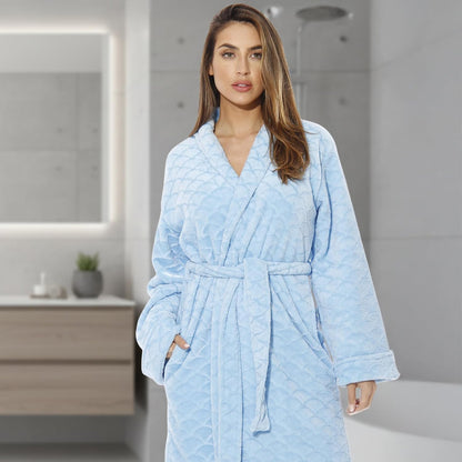Women's Plush Fleece Bathrobe, Shawl Collar Jacquard Robe with Tie Belt