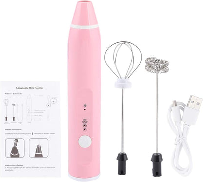 Rechargeable Electric Milk Frother, 3 - Speed Handheld Coffee Mixer with USB Charging, Stainless Steel Whisk for Latte Foam, Eggs, Sauces, and Smoothies (Pink)