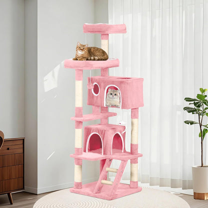 Cat Tree with 2 Cozy Condos & 6 Sisal Scratching Posts, 60-inch Multi-Level Cat Tower for Indoor Cats, Extra Sturdy Cat Activity Center (Pink)