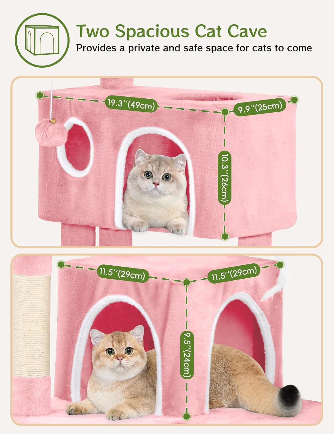 Cat Tree with 2 Cozy Condos & 6 Sisal Scratching Posts, 60-inch Multi-Level Cat Tower for Indoor Cats, Extra Sturdy Cat Activity Center (Pink)