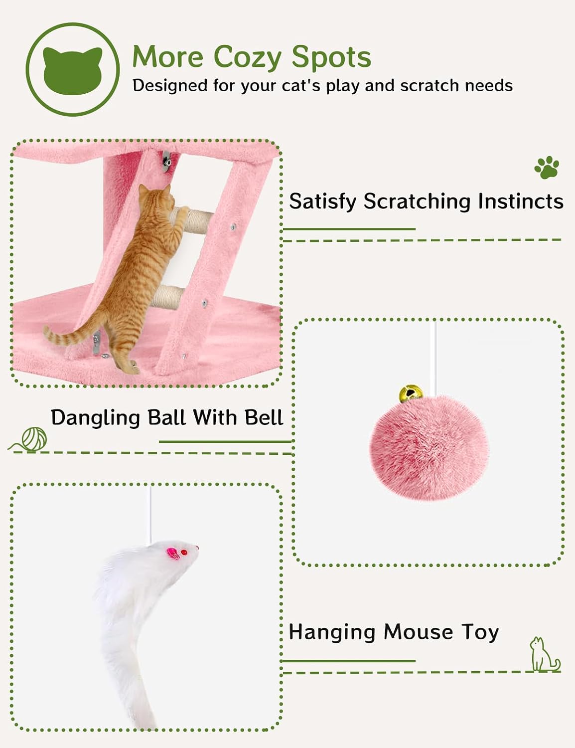 Cat Tree with 2 Cozy Condos & 6 Sisal Scratching Posts, 60-inch Multi-Level Cat Tower for Indoor Cats, Extra Sturdy Cat Activity Center (Pink)