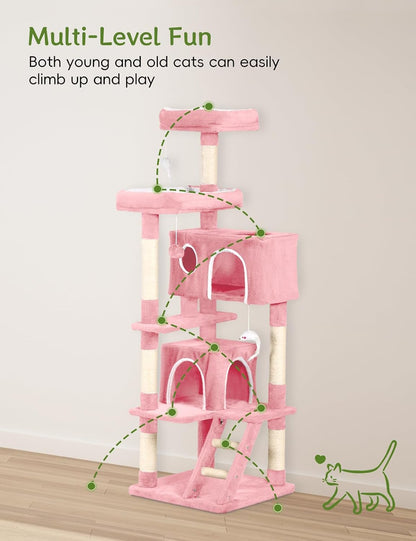 Cat Tree with 2 Cozy Condos & 6 Sisal Scratching Posts, 60-inch Multi-Level Cat Tower for Indoor Cats, Extra Sturdy Cat Activity Center (Pink)