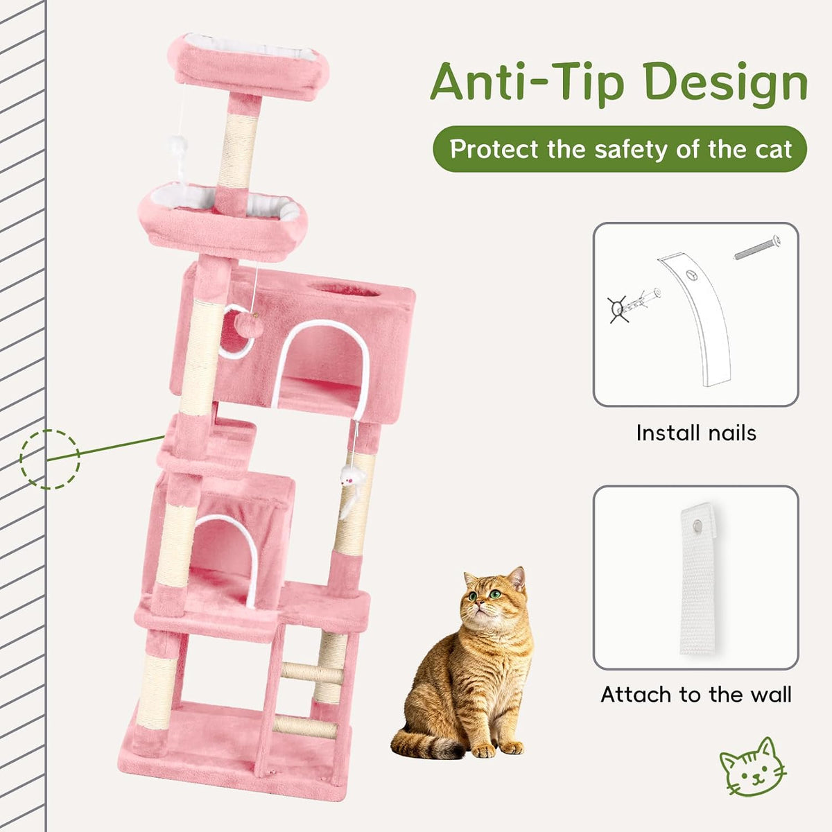 Cat Tree with 2 Cozy Condos & 6 Sisal Scratching Posts, 60-inch Multi-Level Cat Tower for Indoor Cats, Extra Sturdy Cat Activity Center (Pink)