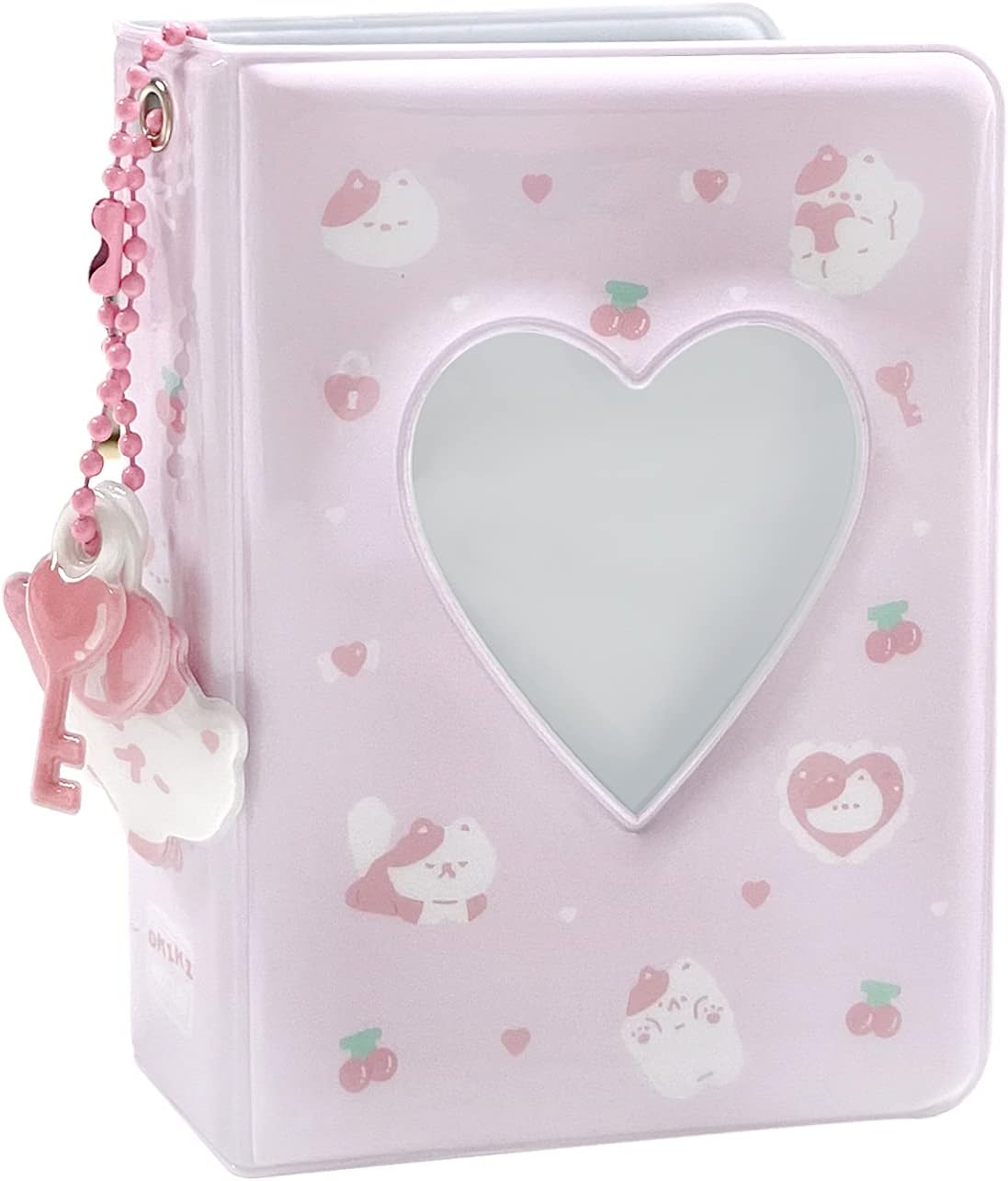 3 Inch Mini Photo Album, Heart Hollow Card Binder Photo Card Holder with Pendant 40 Pockets (pink white cat)