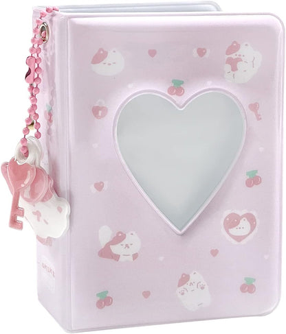 3 Inch Mini Photo Album, Heart Hollow Card Binder Photo Card Holder with Pendant 40 Pockets (pink white cat)