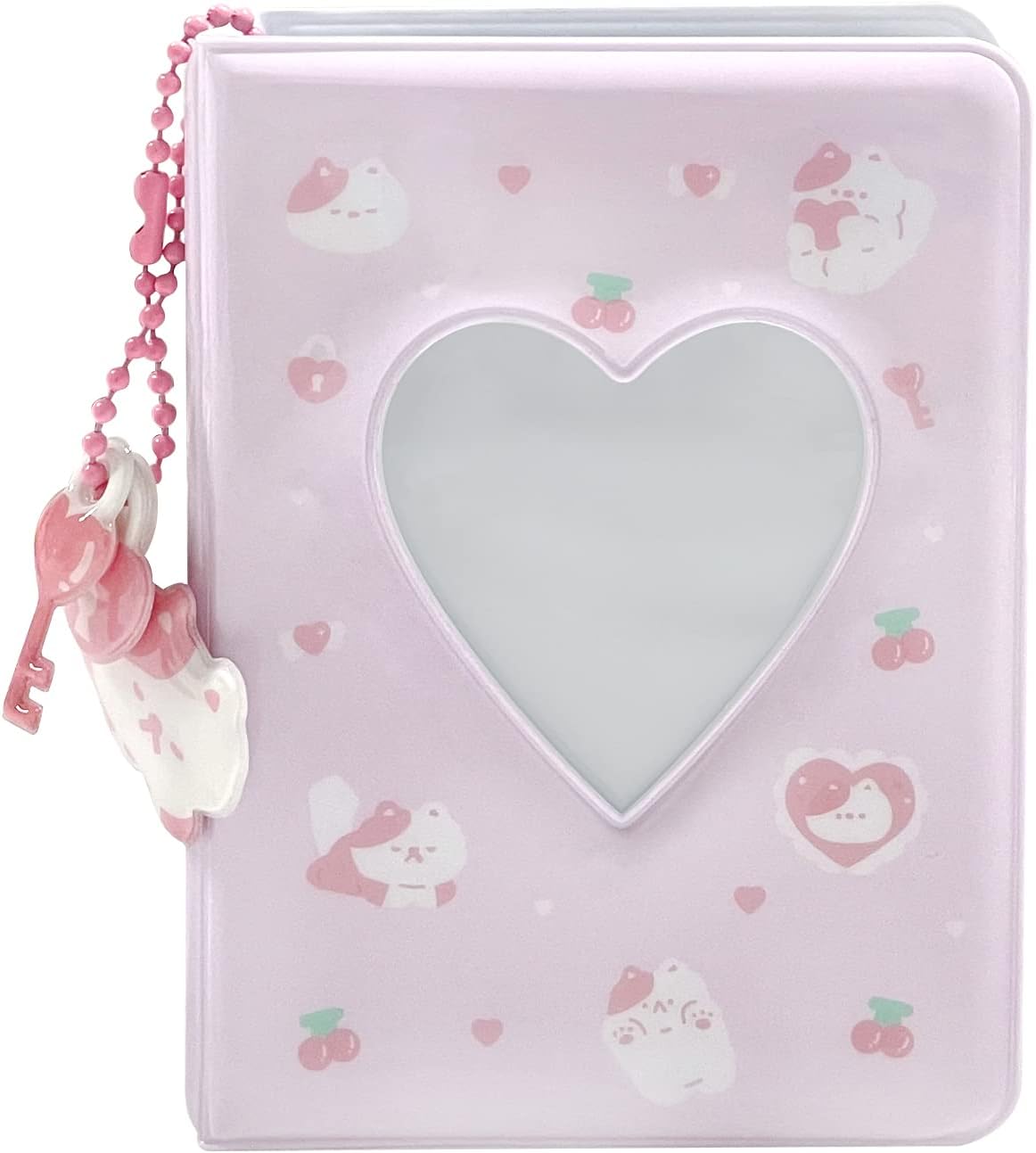 3 Inch Mini Photo Album, Heart Hollow Card Binder Photo Card Holder with Pendant 40 Pockets (pink white cat)