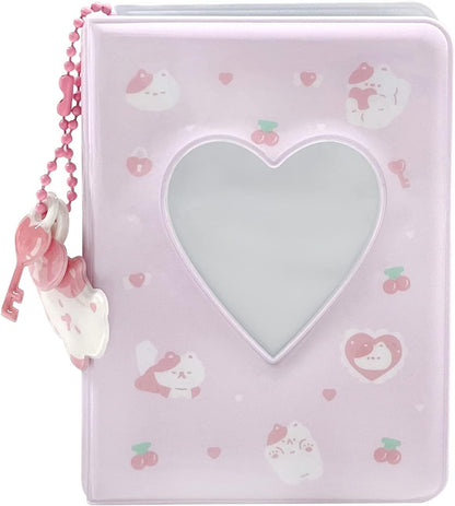 3 Inch Mini Photo Album, Heart Hollow Card Binder Photo Card Holder with Pendant 40 Pockets (pink white cat)