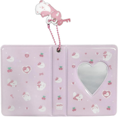 3 Inch Mini Photo Album, Heart Hollow Card Binder Photo Card Holder with Pendant 40 Pockets (pink white cat)