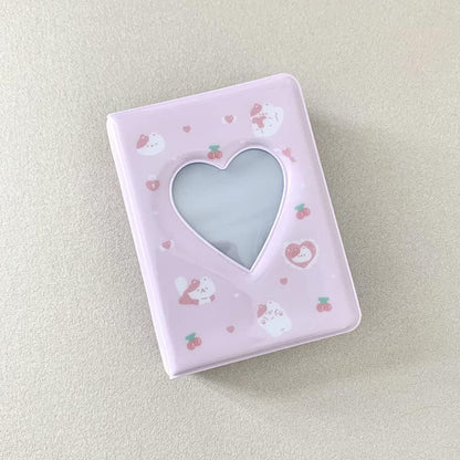 3 Inch Mini Photo Album, Heart Hollow Card Binder Photo Card Holder with Pendant 40 Pockets (pink white cat)