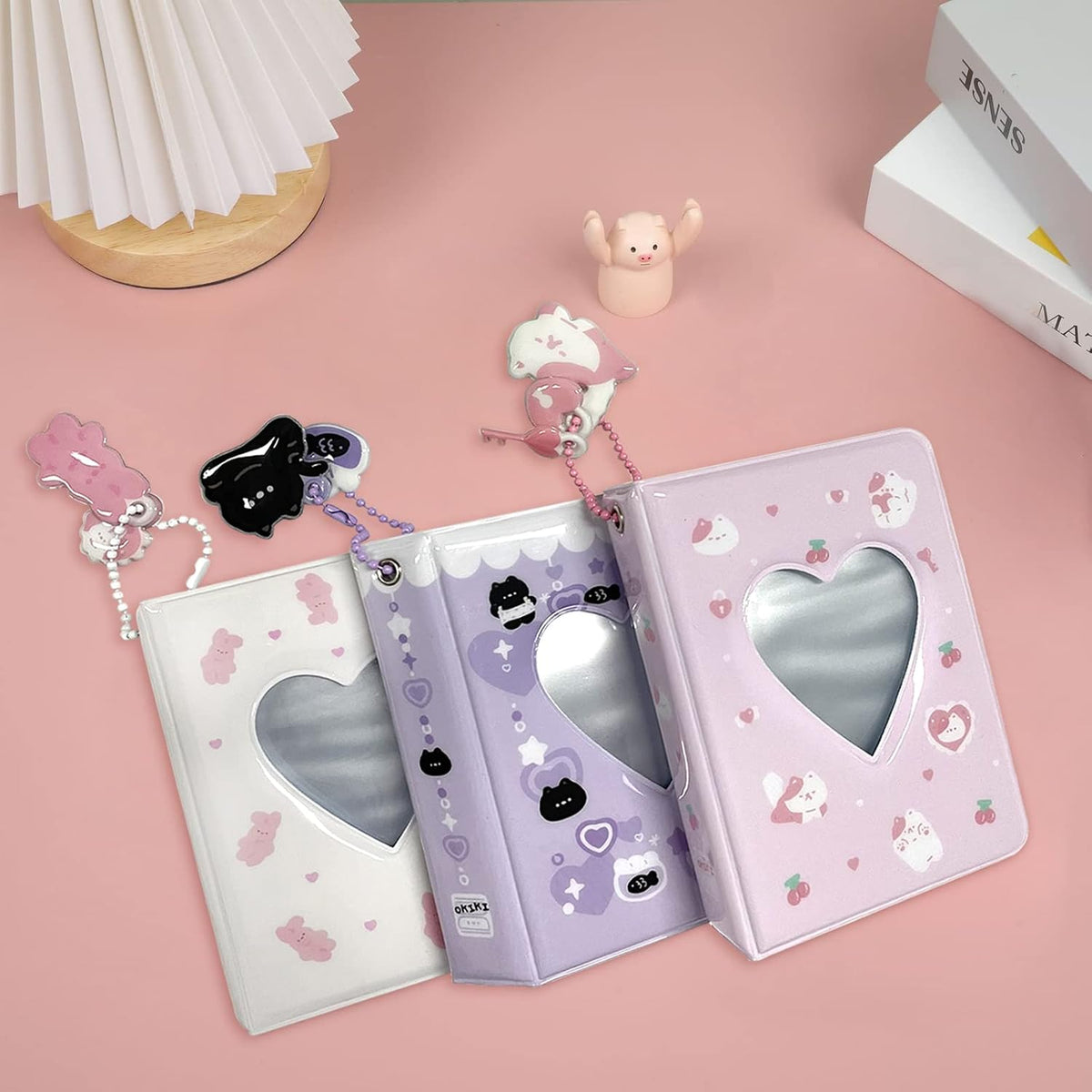 3 Inch Mini Photo Album, Heart Hollow Card Binder Photo Card Holder with Pendant 40 Pockets (pink white cat)