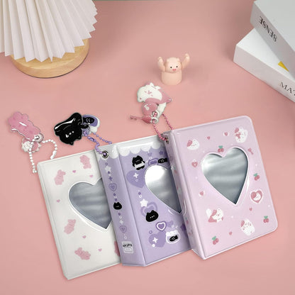 3 Inch Mini Photo Album, Heart Hollow Card Binder Photo Card Holder with Pendant 40 Pockets (pink white cat)