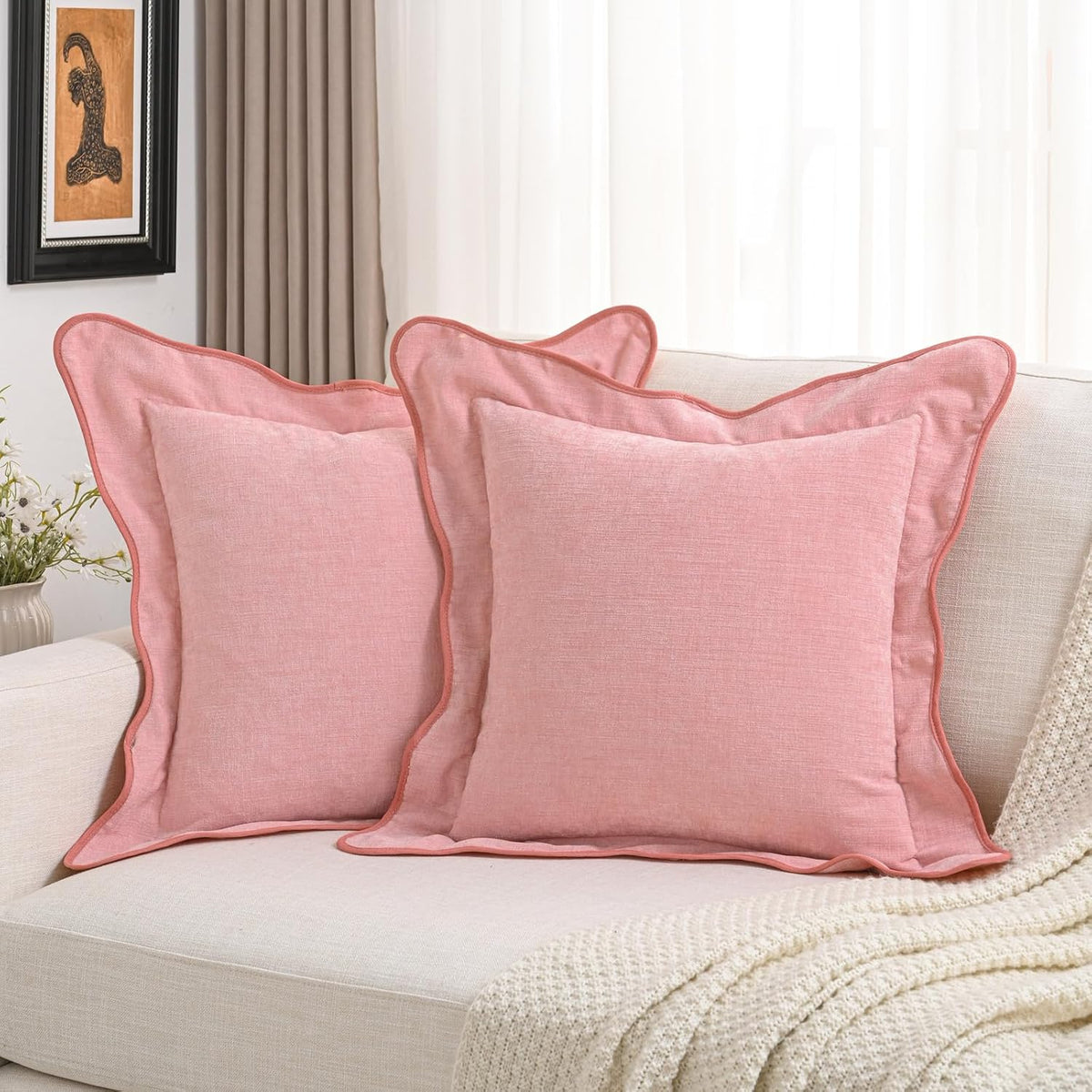 Pack of 2 Chenille Throw Pillow Covers 18x18 Inch, Pink