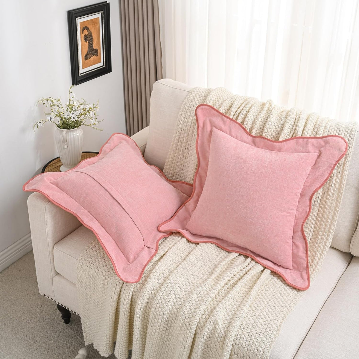 Pack of 2 Chenille Throw Pillow Covers 18x18 Inch, Pink