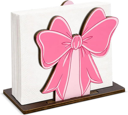 Coquette Pink Bow Wooden Napkin Holder for Table Cute Preppy Girly Bow Wood Napkin Dispenser for Home Kitchen Dining Room Decor Napkins Tissue Holder