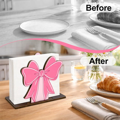 Coquette Pink Bow Wooden Napkin Holder for Table Cute Preppy Girly Bow Wood Napkin Dispenser for Home Kitchen Dining Room Decor Napkins Tissue Holder