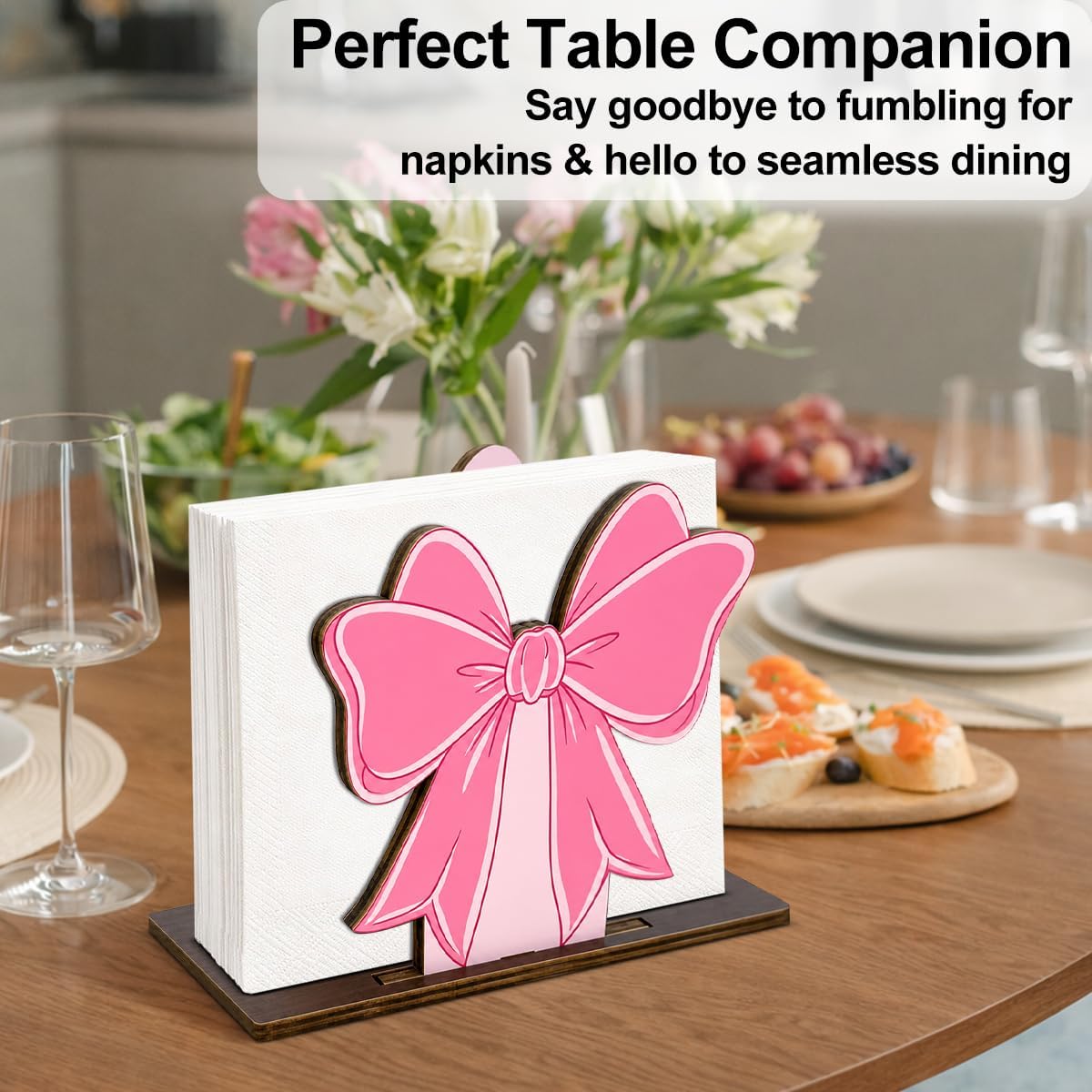 Coquette Pink Bow Wooden Napkin Holder for Table Cute Preppy Girly Bow Wood Napkin Dispenser for Home Kitchen Dining Room Decor Napkins Tissue Holder