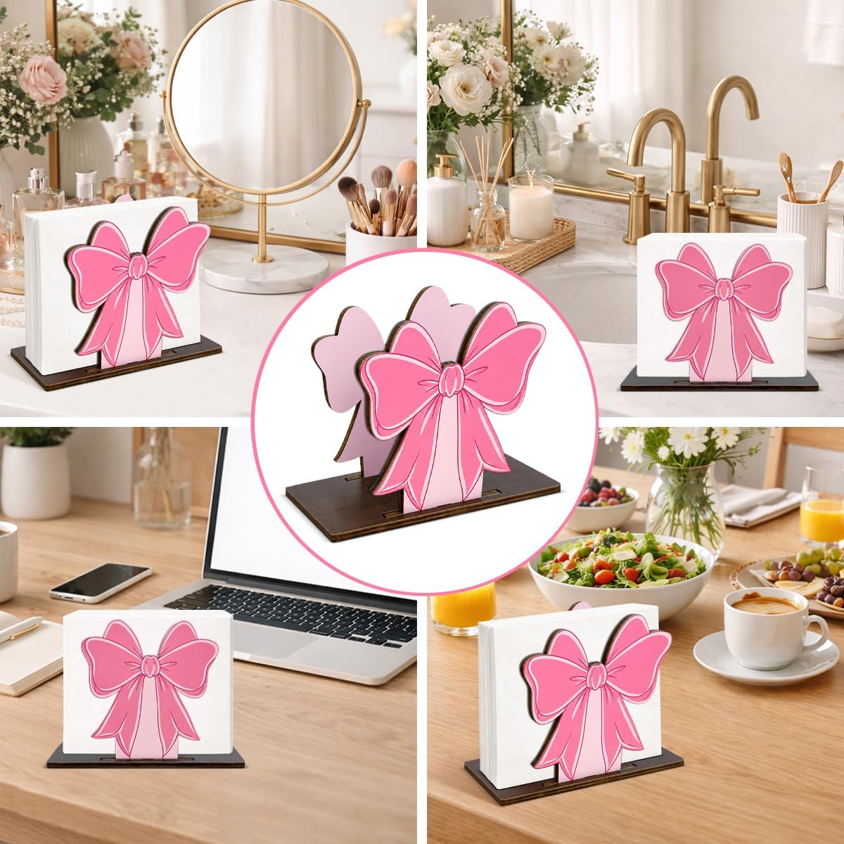 Coquette Pink Bow Wooden Napkin Holder for Table Cute Preppy Girly Bow Wood Napkin Dispenser for Home Kitchen Dining Room Decor Napkins Tissue Holder
