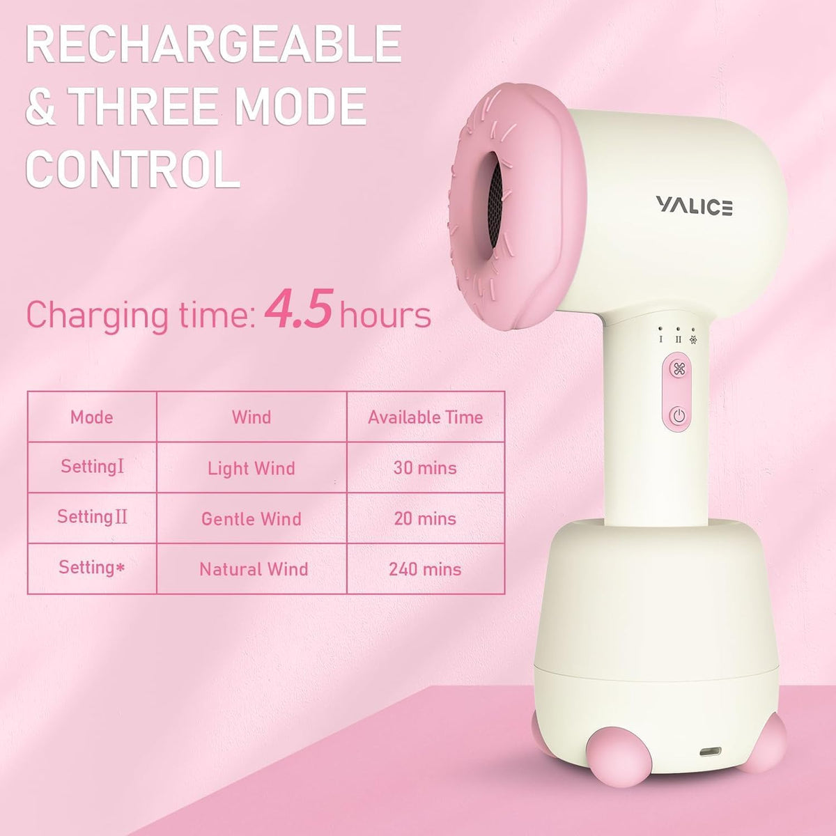 Cordless Hair Dryer for Baby and Kids, Portable Travel Blow Dryer with Gentle Airflow & Low Heat Ionic Care for Infant, 3 Speed Settings, Mini Rechargeable Hair Dryer with Charging Base, Pink
