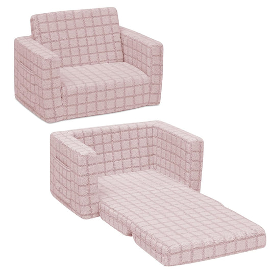 Checkered Cozee Flip-Out Kids Chair, Snuggly Sherpa-Like Foam Convertible Armchair for Boys and Girls, Machine Washable Cover, Soft Comfy Toddler Seating for Playroom/Bedroom, Pink