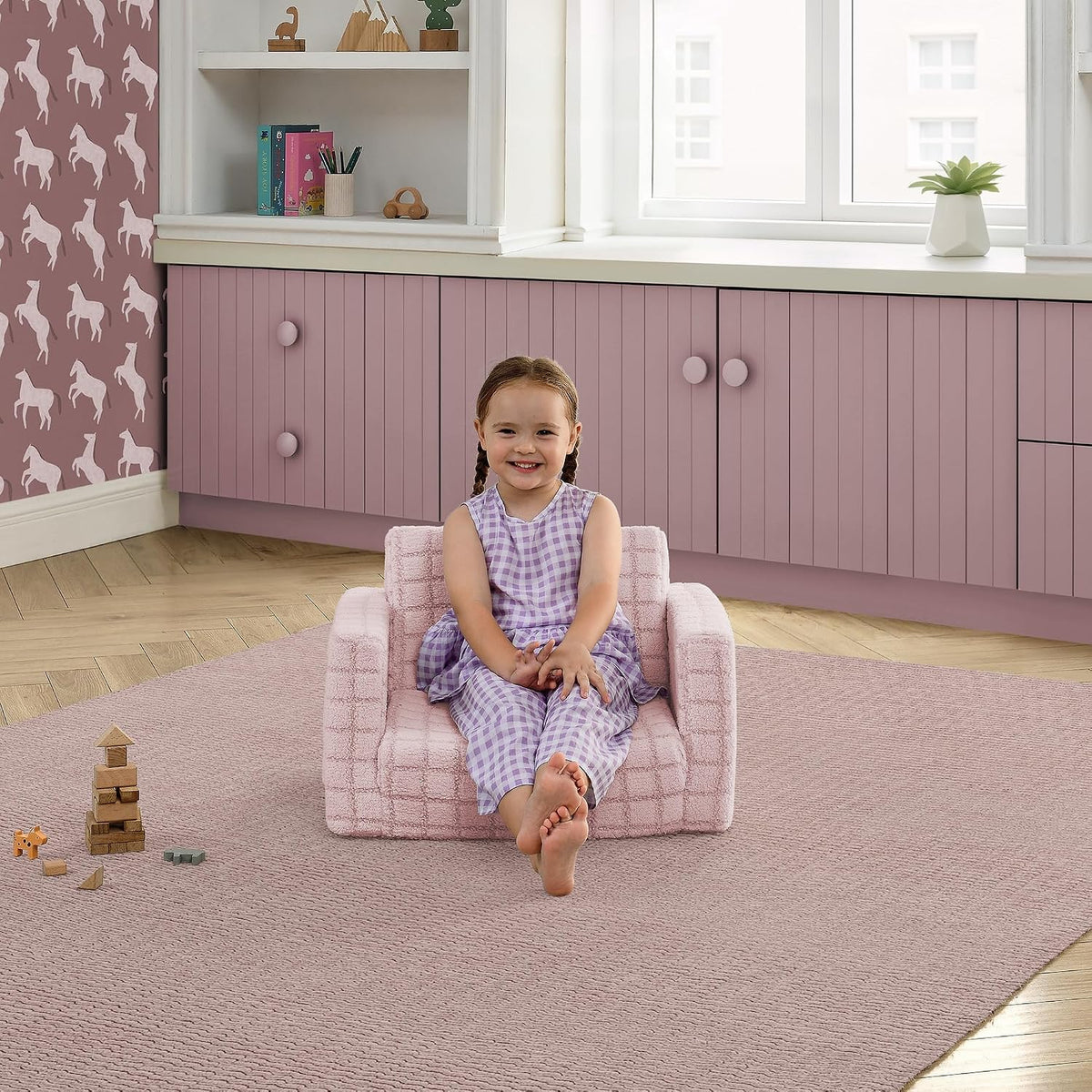 Checkered Cozee Flip-Out Kids Chair, Snuggly Sherpa-Like Foam Convertible Armchair for Boys and Girls, Machine Washable Cover, Soft Comfy Toddler Seating for Playroom/Bedroom, Pink