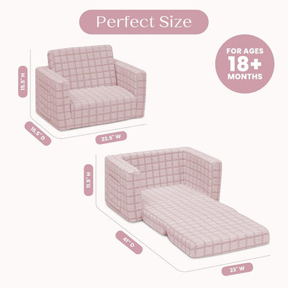 Checkered Cozee Flip-Out Kids Chair, Snuggly Sherpa-Like Foam Convertible Armchair for Boys and Girls, Machine Washable Cover, Soft Comfy Toddler Seating for Playroom/Bedroom, Pink