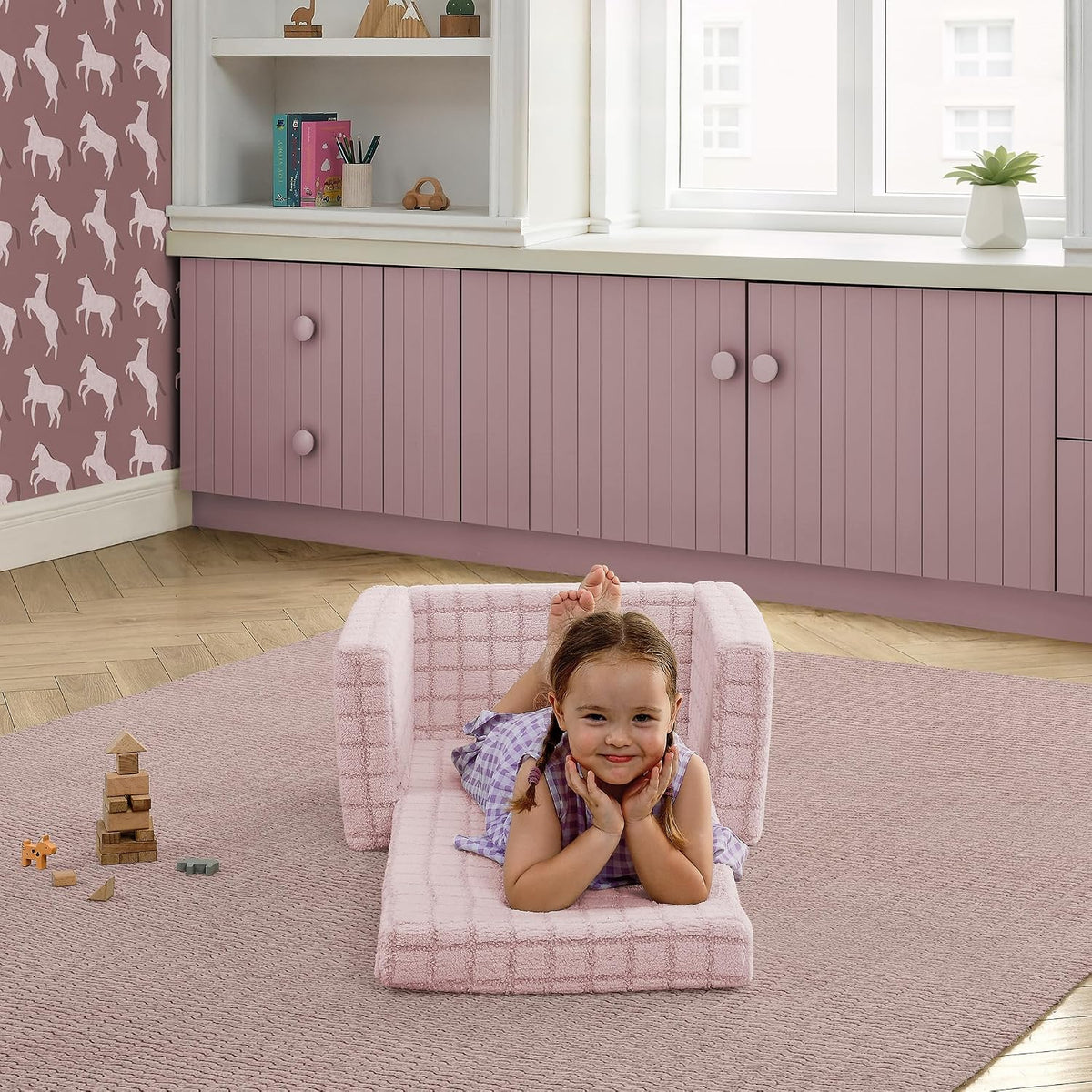 Checkered Cozee Flip-Out Kids Chair, Snuggly Sherpa-Like Foam Convertible Armchair for Boys and Girls, Machine Washable Cover, Soft Comfy Toddler Seating for Playroom/Bedroom, Pink