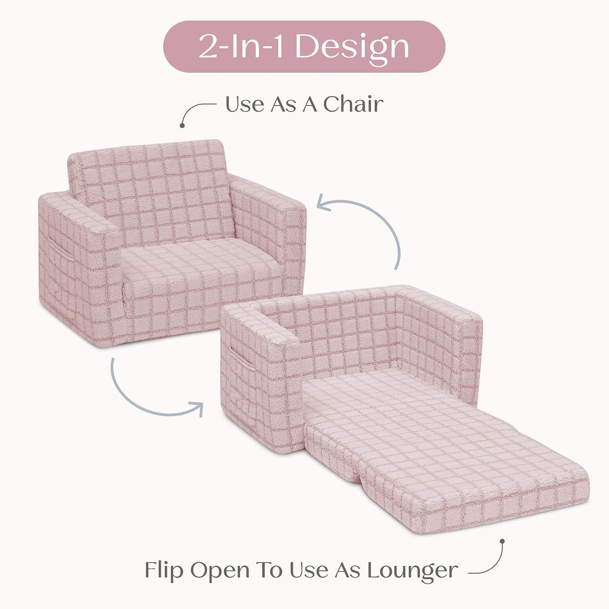 Checkered Cozee Flip-Out Kids Chair, Snuggly Sherpa-Like Foam Convertible Armchair for Boys and Girls, Machine Washable Cover, Soft Comfy Toddler Seating for Playroom/Bedroom, Pink