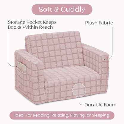 Checkered Cozee Flip-Out Kids Chair, Snuggly Sherpa-Like Foam Convertible Armchair for Boys and Girls, Machine Washable Cover, Soft Comfy Toddler Seating for Playroom/Bedroom, Pink