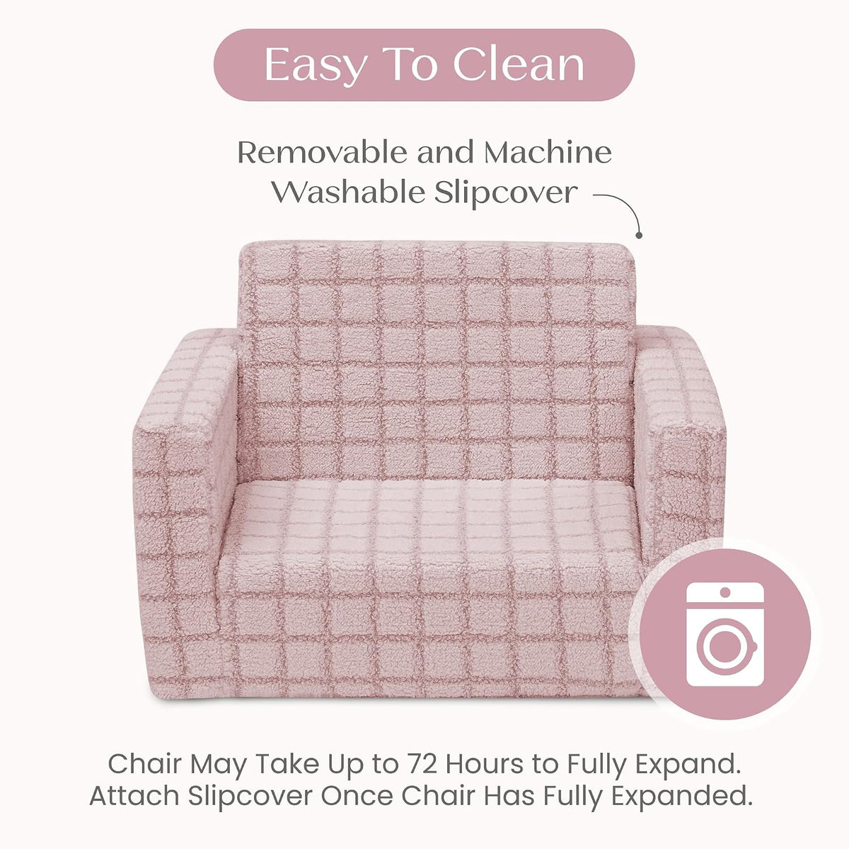 Checkered Cozee Flip-Out Kids Chair, Snuggly Sherpa-Like Foam Convertible Armchair for Boys and Girls, Machine Washable Cover, Soft Comfy Toddler Seating for Playroom/Bedroom, Pink
