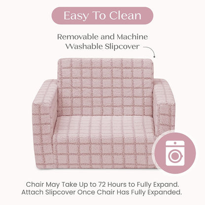 Checkered Cozee Flip-Out Kids Chair, Snuggly Sherpa-Like Foam Convertible Armchair for Boys and Girls, Machine Washable Cover, Soft Comfy Toddler Seating for Playroom/Bedroom, Pink