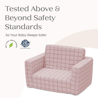 Checkered Cozee Flip-Out Kids Chair, Snuggly Sherpa-Like Foam Convertible Armchair for Boys and Girls, Machine Washable Cover, Soft Comfy Toddler Seating for Playroom/Bedroom, Pink