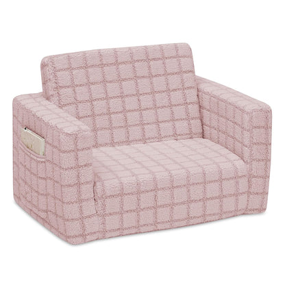 Checkered Cozee Flip-Out Kids Chair, Snuggly Sherpa-Like Foam Convertible Armchair for Boys and Girls, Machine Washable Cover, Soft Comfy Toddler Seating for Playroom/Bedroom, Pink