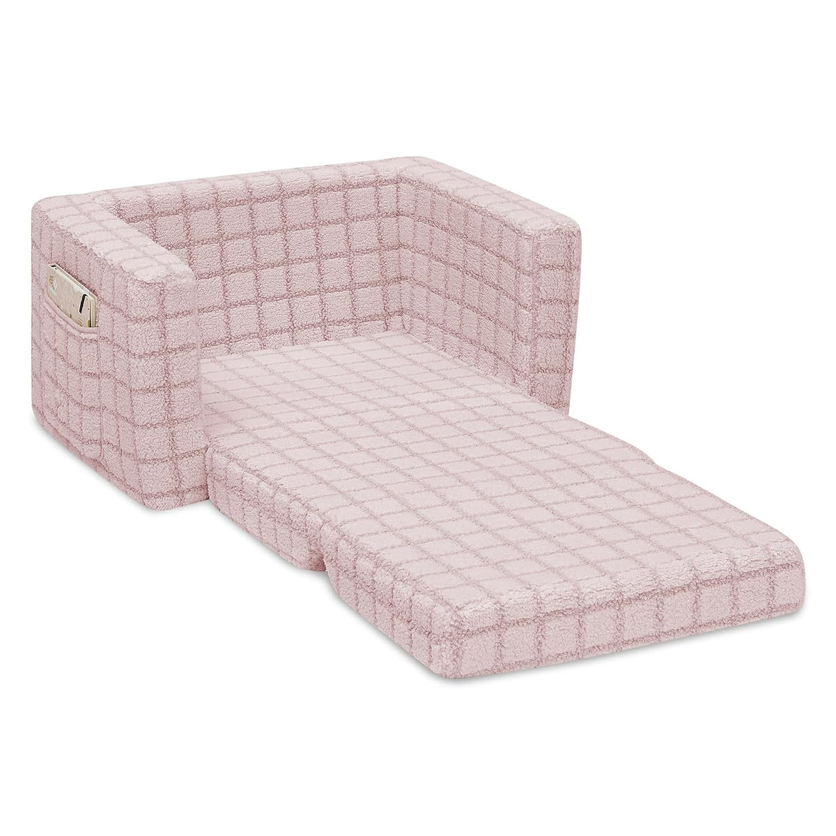 Checkered Cozee Flip-Out Kids Chair, Snuggly Sherpa-Like Foam Convertible Armchair for Boys and Girls, Machine Washable Cover, Soft Comfy Toddler Seating for Playroom/Bedroom, Pink