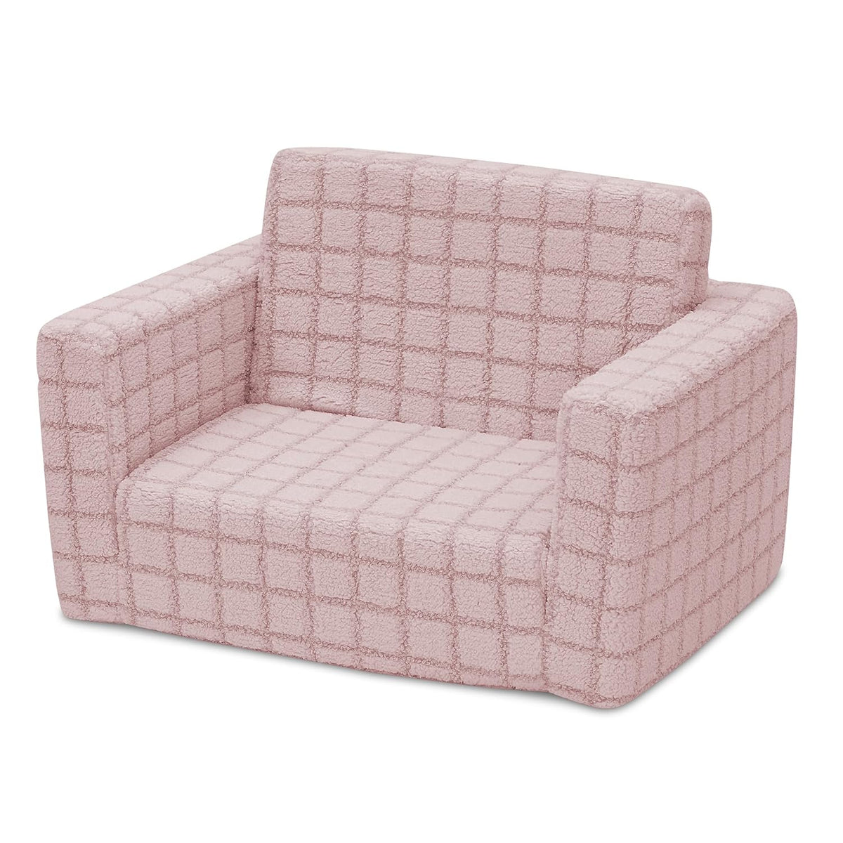 Checkered Cozee Flip-Out Kids Chair, Snuggly Sherpa-Like Foam Convertible Armchair for Boys and Girls, Machine Washable Cover, Soft Comfy Toddler Seating for Playroom/Bedroom, Pink