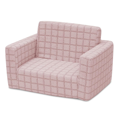 Checkered Cozee Flip-Out Kids Chair, Snuggly Sherpa-Like Foam Convertible Armchair for Boys and Girls, Machine Washable Cover, Soft Comfy Toddler Seating for Playroom/Bedroom, Pink