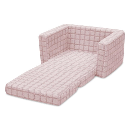 Checkered Cozee Flip-Out Kids Chair, Snuggly Sherpa-Like Foam Convertible Armchair for Boys and Girls, Machine Washable Cover, Soft Comfy Toddler Seating for Playroom/Bedroom, Pink