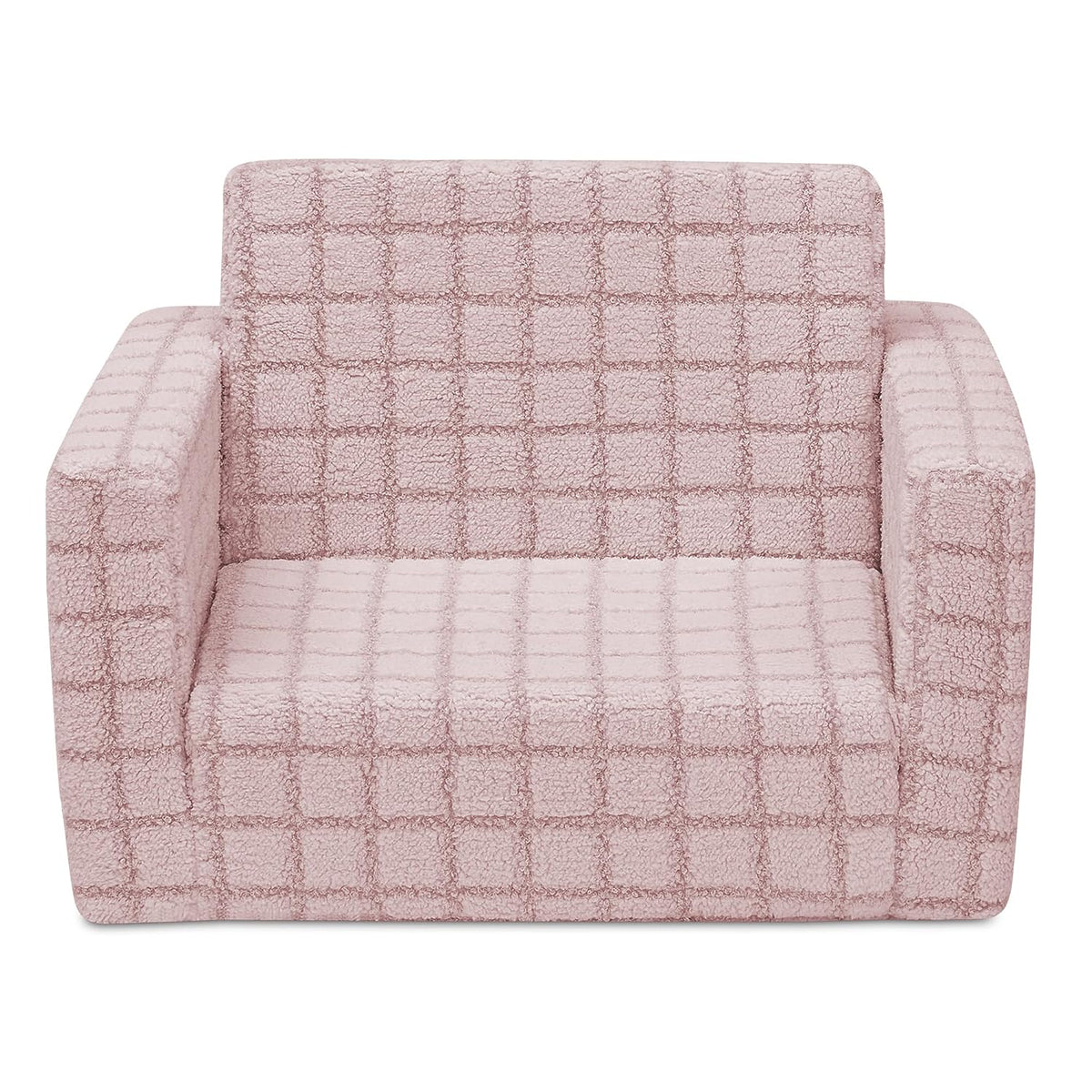 Checkered Cozee Flip-Out Kids Chair, Snuggly Sherpa-Like Foam Convertible Armchair for Boys and Girls, Machine Washable Cover, Soft Comfy Toddler Seating for Playroom/Bedroom, Pink