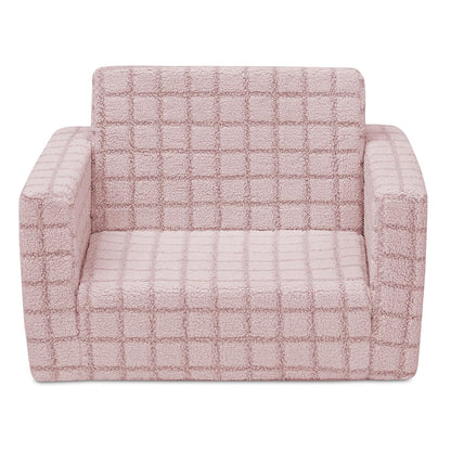 Checkered Cozee Flip-Out Kids Chair, Snuggly Sherpa-Like Foam Convertible Armchair for Boys and Girls, Machine Washable Cover, Soft Comfy Toddler Seating for Playroom/Bedroom, Pink