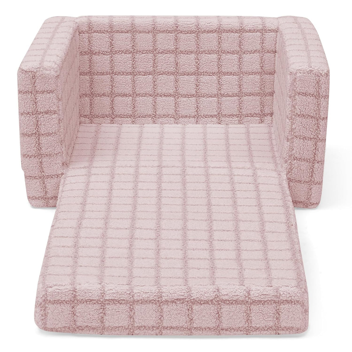 Checkered Cozee Flip-Out Kids Chair, Snuggly Sherpa-Like Foam Convertible Armchair for Boys and Girls, Machine Washable Cover, Soft Comfy Toddler Seating for Playroom/Bedroom, Pink