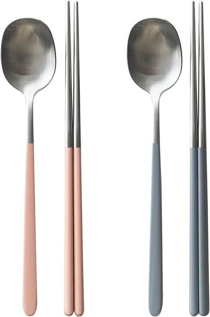 304 Stainless Steel durable Lightweight Korean-style Beautiful Cutlery Spoon and Chopsticks Set Scratch Resistant 2Pieces (Gray+Peach Pink)