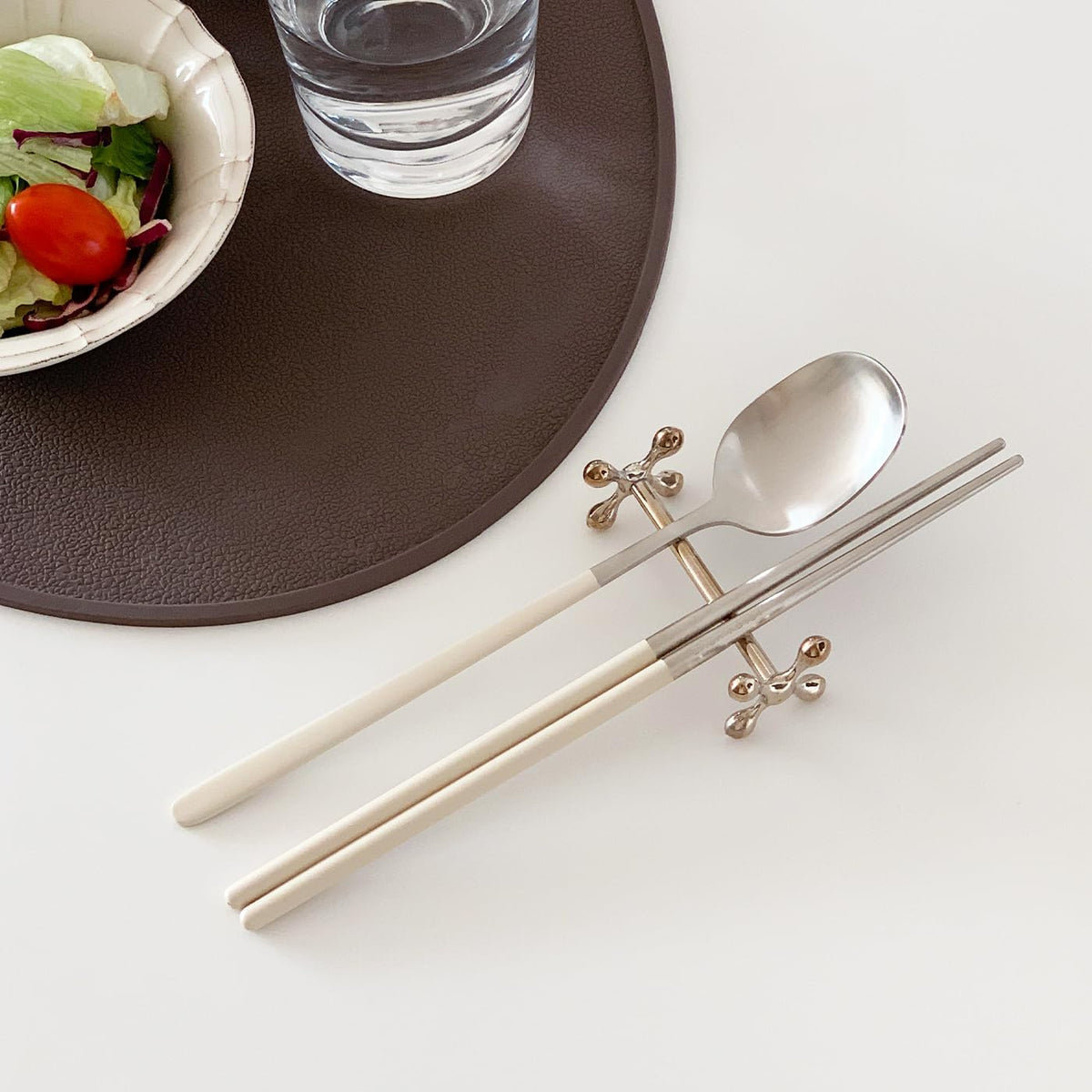 304 Stainless Steel durable Lightweight Korean-style Beautiful Cutlery Spoon and Chopsticks Set Scratch Resistant 2Pieces (Gray+Peach Pink)