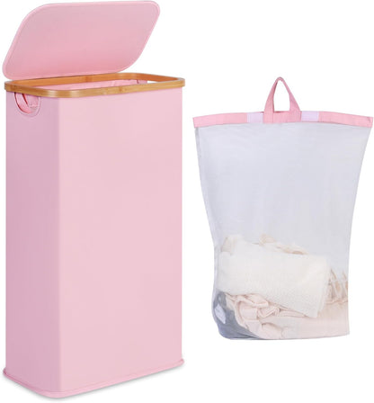 65L Slim Laundry Hamper, Narrow Laundry Basket with Lid,Foldable Clothes Hamper with Bamboo Handles,Hamper Basket with Removable Inner Bag for Laundry Room Bedroom College Dorm,17.17 Gals Pink
