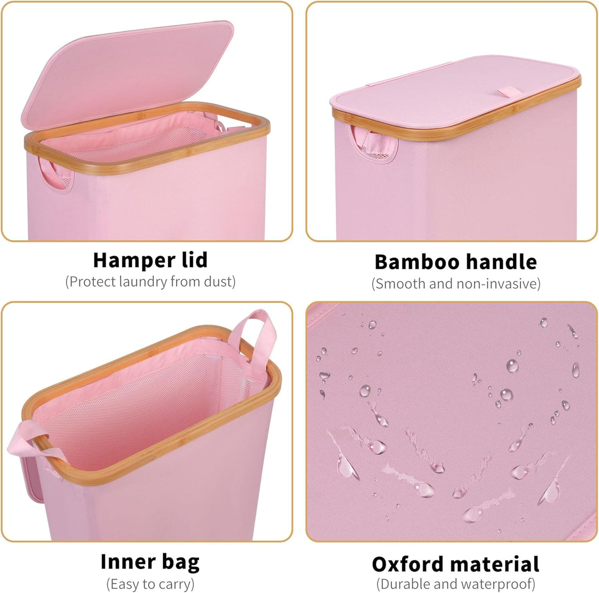 65L Slim Laundry Hamper, Narrow Laundry Basket with Lid,Foldable Clothes Hamper with Bamboo Handles,Hamper Basket with Removable Inner Bag for Laundry Room Bedroom College Dorm,17.17 Gals Pink