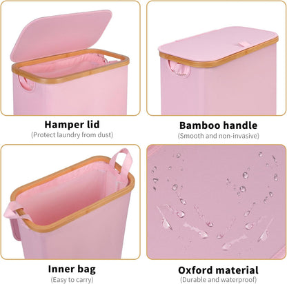65L Slim Laundry Hamper, Narrow Laundry Basket with Lid,Foldable Clothes Hamper with Bamboo Handles,Hamper Basket with Removable Inner Bag for Laundry Room Bedroom College Dorm,17.17 Gals Pink
