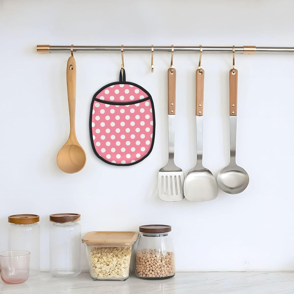 Light Pink Polka Dot Print (a) Pot Holders for Kitchen 1 PC - Heat Resistant Oven Mitts Hot Pads with Pocket, Silicone Pot Holders with Hanging Loop, Non Slip Potholders for Kitchen Baking Cooking