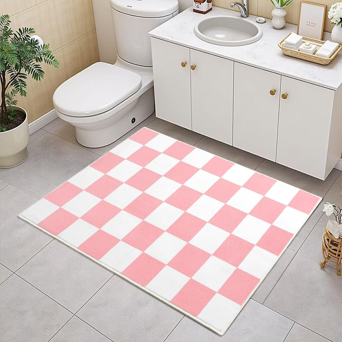 Terrug Pink and White Checkered Rug for Entryway, 2x3 Small Area Rugs