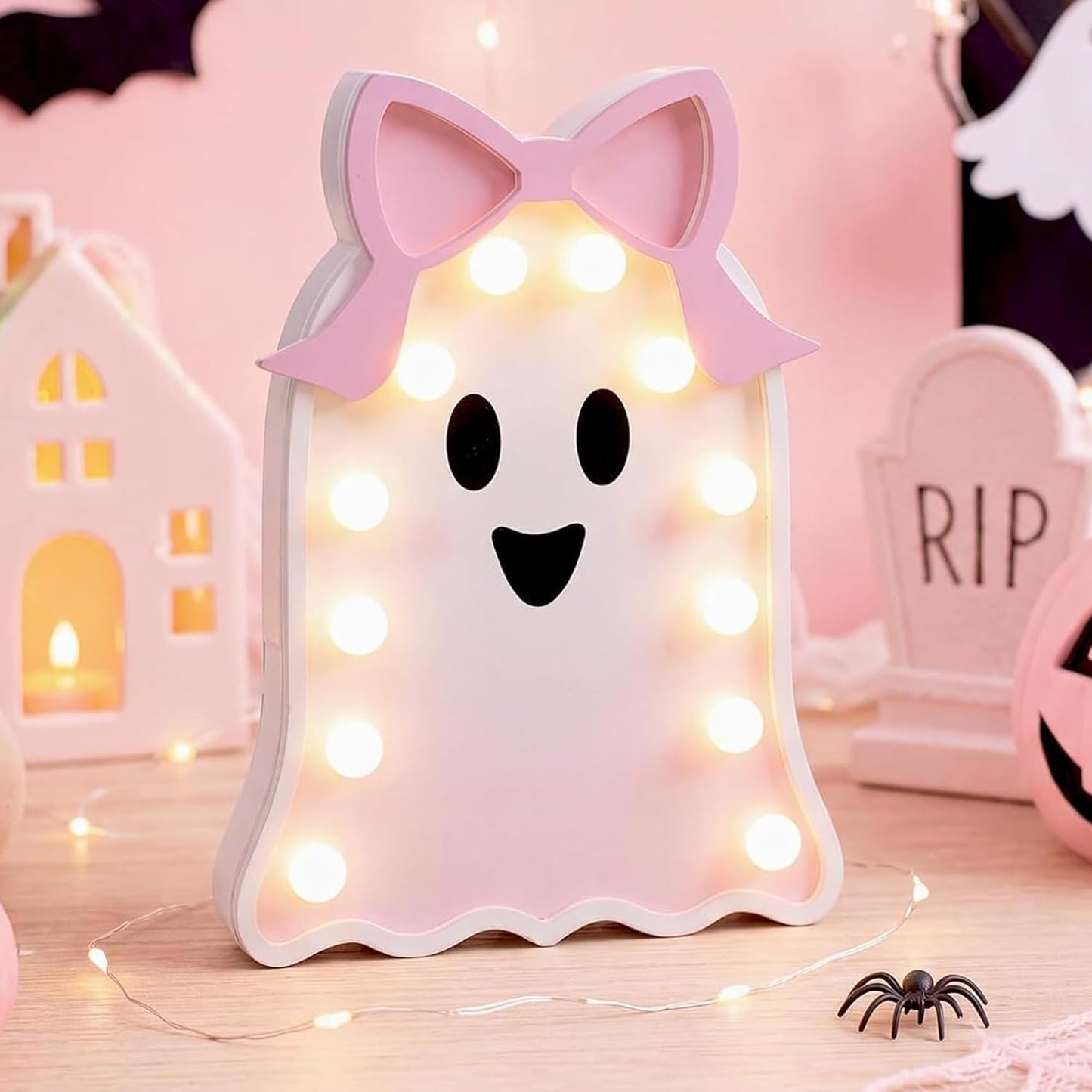 Pink Ghost Halloween Decor Light Up Wooden Ghost with Bow