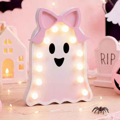 Pink Ghost Halloween Decor Light Up Wooden Ghost with Bow