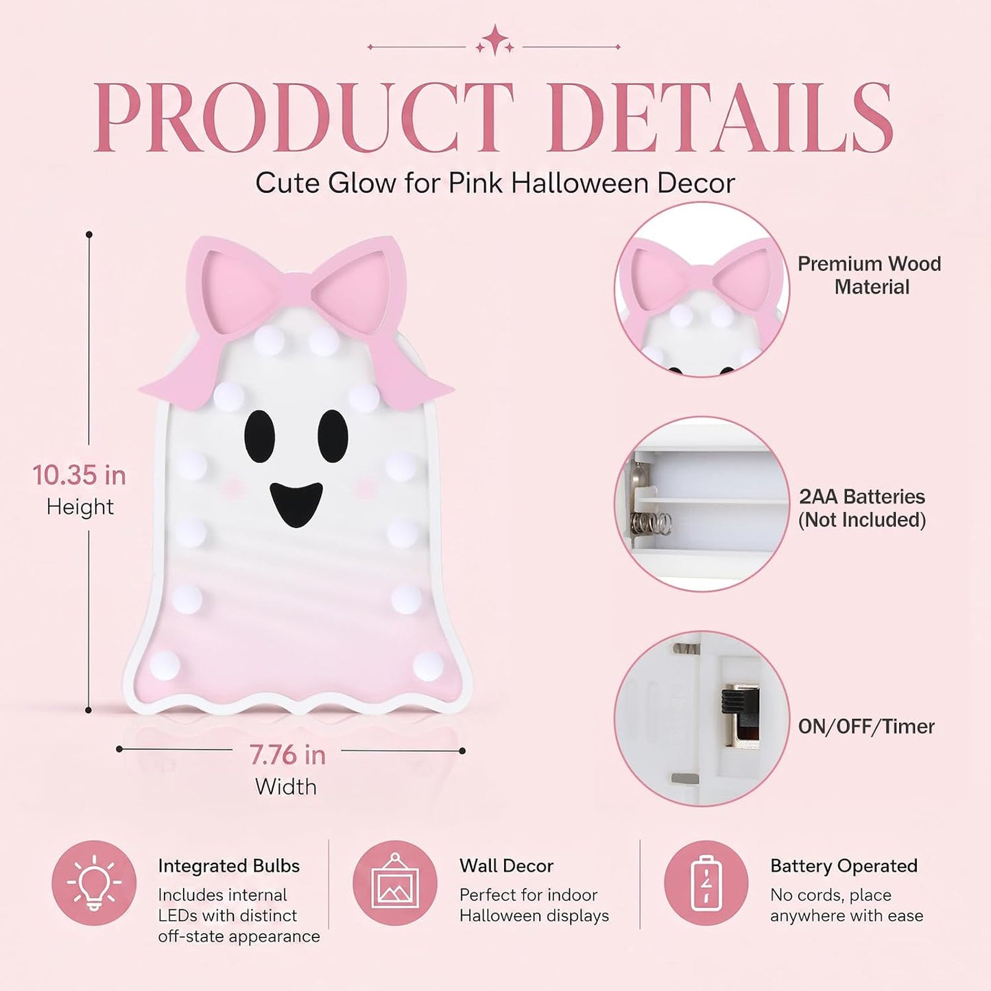 Pink Ghost Halloween Decor Light Up Wooden Ghost with Bow
